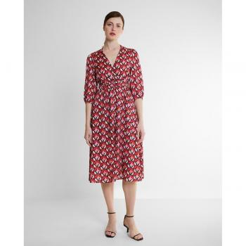 Vestido midi fluido estampado geométrico con mangas abombadas