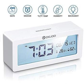 DIGOO Reloj Despertador Digital, LCD Reloj Alarma con Pilas con Monitor de Temperatura y Humedad, Calendario, función de repetición, Reloj de Escritorio del Dormitorio, Regalo para niños Blanco