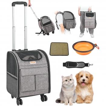 Mophorn VEVOR Cat Carrier with Wheels Rolling Pet Carrier with Handle 18 lbs Grey