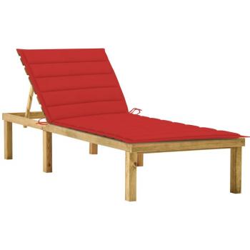 Tumbona de jardín con cojín rojo en madera de pino impregnada