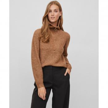 Vila Jersey de mujer con cuello alto y cremallera, tejido suave, ajuste regular, manga larga