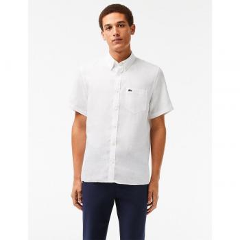 Lacoste Men's Regular Fit White Linen Short Sleeve Shirt