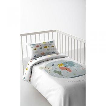Funda Nórdica Infantil Reversible 100% Algodón Mapa Mundí para Cuna/Maxicuna - Fabricado en España