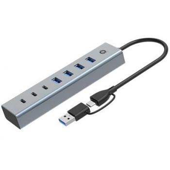 Hub USB-C 7 Puertos 3.0 5Gbps Conceptronic con Fuente de Alimentación - Color Gris