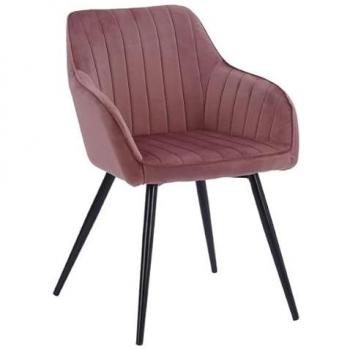 Silla de Terciopelo Rosa Bertille con Respaldo y Brazos - Estilo Moderno y Patas de Metal Negro