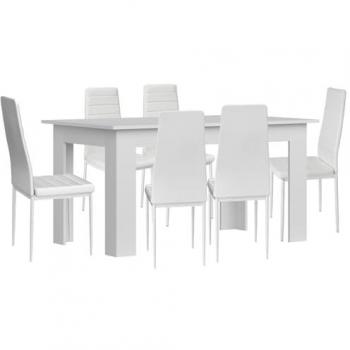 Pack Mesa de Comedor o Cocina Blanca + 6 Sillas en Polipiel/Metal Blanco