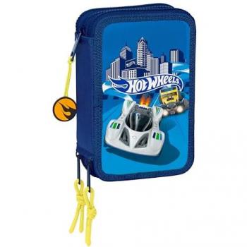 Plumier Escolar Triple Hot Wheels Sonny 36 Piezas - Estuche Práctico y Resistente con Cierre de Cremallera, Ideal para Niños de 5 a 14 Años - Dimensiones: