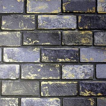 Arthouse Metallic Brick Effect Wallpaper - Navy/Gold, 10.05m x 0.53m Roll, Photographic Effect for Living Spaces & Feature Walls, Kitchen Bedroom Hallway Dining Room