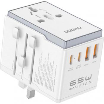 Adaptador de viaje universal Dudao A65Pro 65W: EU/US/JP/AUS/UK, 2x USB-C y 2x USB-A, color blanco