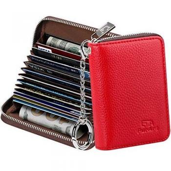 FurArt Cartera para tarjetas de crédito, con cremallera, para hombres y mujeres, bloqueo RFID, llavero, ranuras 14, tamaño compacto, Rojo,