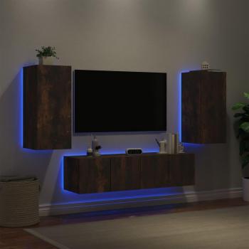 Muebles TV pared con LED 4 piezas madera ingeniería roble ahumado marrón