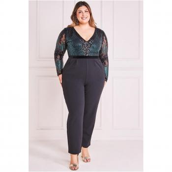 Goddiva Plus Sequin & Mesh Jumpsuit - Emerald Green