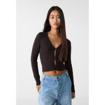 Brown Cropped Knit Button-Up Cardigan - Size L
