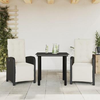 Black Poly Rattan 3-Piece Bistro Set with Cushions