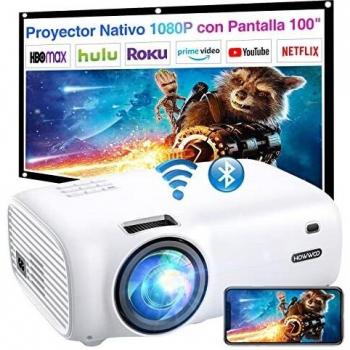 Mini Proyector 8500 Lúmenes, HOWWOO WiFi Proyector Bluetooth 1080P Nativo, Proyector Cine en Casa con Pantalla de 100 y Pantalla Máxde 300, para HDMI/VGA/USB/AV/SD/TV Stick/Smartphone