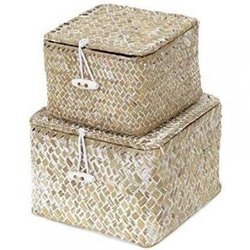 Compactor Set 2 cestas cuadradas con tapa, Modelo Trésor, Color blanco lavado, Tamaño, 15 x 15 x 10 cm, / 12 x 12 x 8 cm, RAN7853