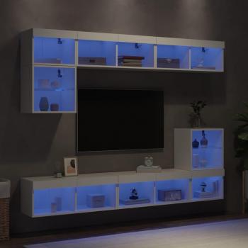 Mueble de TV de Pared 8 Piezas con Iluminación LED en Blanco, Madera Ingenierizada