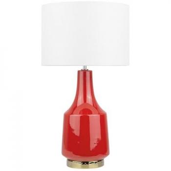 Lámpara de mesa Triversa base de cerámica roja con pantalla redonda de tambor de poli algodón blanco crema