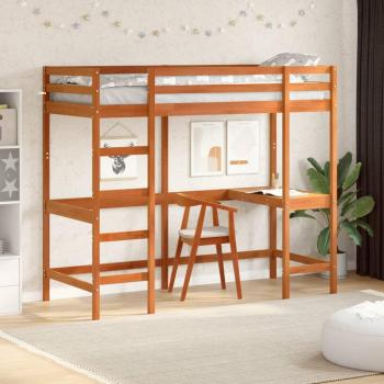 Cama alta con escritorio de madera maciza de pino en color marrón cera, dimensiones 80x200 cm