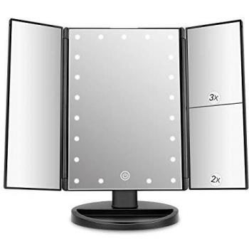 Espejo de Maquillaje con LED, Iluminado Espejo de Mesa Luz con Ampliación 1X / 2X / 3X Plegable Espejo de la Vanidad Rotación 180° Pantalla Táctil Espejo Cosmético para Hombre y Mujer