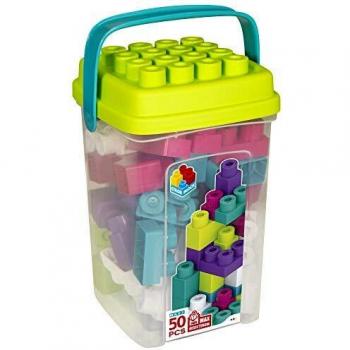 ColorBaby - Bloques de construccion bebe, Cubo 50 bloques de construccion, Ladrillos de colores maxi, Cubos apilables bebe, Juguetes bebe 1 año, Juegos construcción, Mega bloques