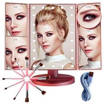 SHAP WOW Espejo Maquillaje con Luz y Brochas de Maquillaje,Espejo de Mesa Rotación 180º Sensor Táctil Carga Usb Espejo Aumento 1x2x3x10x
