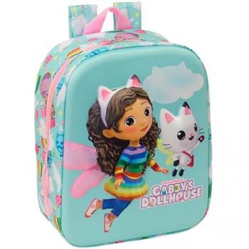 Mochila Escolar 3D Gabby's Dollhouse Rosa y Azul Cielo 22x27x10 cm, Adaptable a Carro, Fácil Limpieza, Ideal para Niños