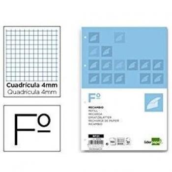 RECAMBIO LIDERPAPEL FOLIO 100 HOJAS 60G/M2CUADRO 4MM CON MARGEN 4 TALADROS