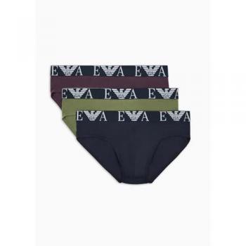 Emporio Armani Men's Monogram Slip Briefs 3-Pack - Dark Olive, Navy, Burgundy - Size Medium