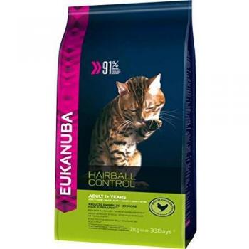 Eukanuba Hairball Control Alimento seco para gatos adultos y gatos de edad avanzada, rica en pollo fresco, 2 kg
