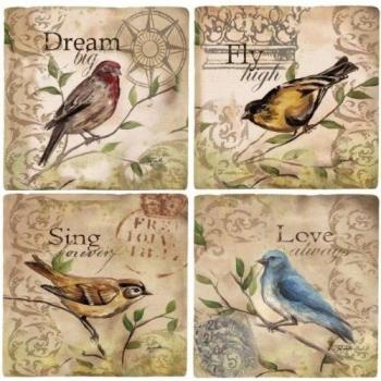 Travertine Drink Coasters - Song Birds - Assorted Set of 4 by Thirstystone