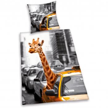 Herding 445943050 - Juego de funda nórdica y funda de almohada de linón con diseño de jirafa en Nueva York, con efecto brillante, 135 x 200 y 80 x 80 cm, color blanco, negro y amarillo