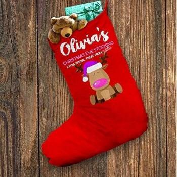 Calcetín de Navidad personalizable rojo Navidad Eve rosa reno XL - tamaño: 28 cm x 57 cm