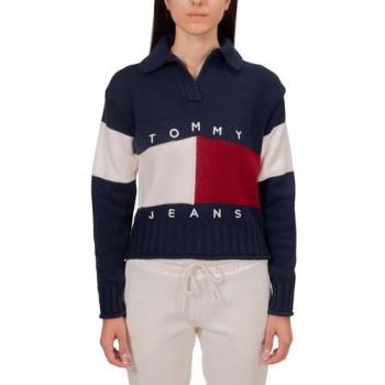 Tommy Jeans Women's Dark Blue Rugby Collar Sweater, Size S/M, Relaxed Fit