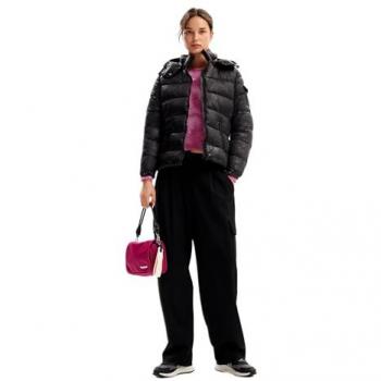 Plumífero Desigual Drammen con capucha estampado para mujer, corto, tejido acolchado, color negro, talla S