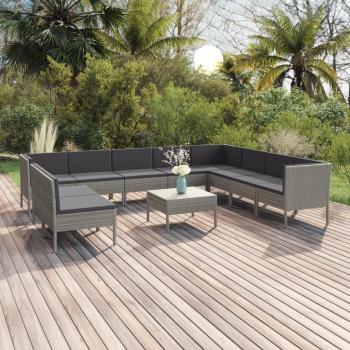 11-Piece Grey Poly Rattan Garden Lounge Set with Cushions