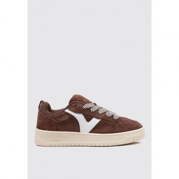 Zapatillas de Mujer Oversize de Serraje con Logotipo en Contraste y Cordones al Tono - Modelo Seúl 38 Marrón