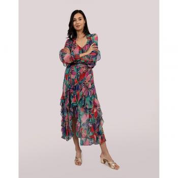 Falda midi Naf Naf estampada con bajo asimétrico, volantes y cinturón con hebilla dorada