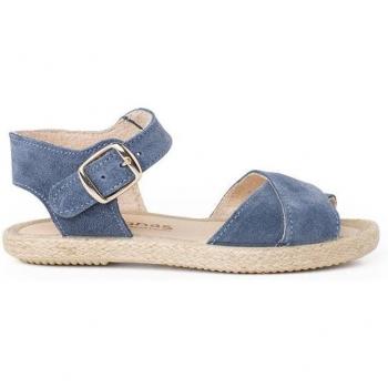 Sandalias abiertas de niña de piel serraje con tiras cruzadas y suela de yute
