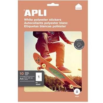 Apli Etiquetas Adhesivas de Poliéster A4 210 x 297 mm Blanco Cantos Rectos para Láser y Fotocopiadoras - Paquete de 10 Hojas