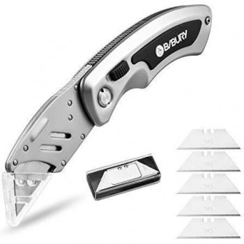 Bibury Cúter - Cuchillos multiusos portátiles plegables, con 5 cuchillas SK5 de acero inoxidable, cortador de papel retráctil con clip para cinturón, color gris