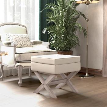 Taburete de almacenamiento con tapizado en lino beige, dimensiones 45x45x49 cm
