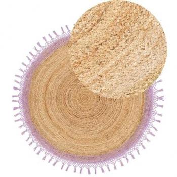 Alfombra Redonda de Yute Beige y Violeta 140 cm Hecha a Mano Estilo Boho Rústico Trenzada Espiral