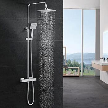 WOOHSE Columna de Ducha Termostático Adjustable Griferias Hidrosanitarias Termostaticas Conjunto de Ducha con Cabezal Efecto Iluvia Sistema de Ducha Cromado