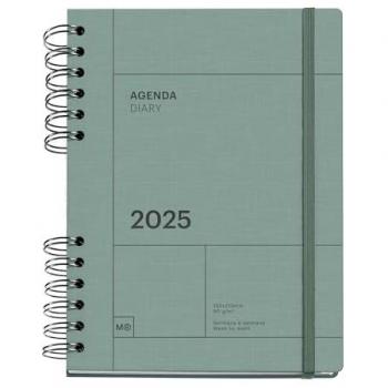 Agenda Anual 2025 Miquelrius 155x213 mm Wire O Semana Vista Verde Catalán con Papel Sostenible y Cierre de Goma