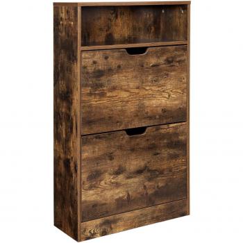Zapatero de 2 puertas abatibles y 2 niveles con compartimento abierto - chapa de melamina, fácil de limpiar, 60x24x102 cm, marrón rústico
