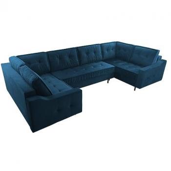Sofá rinconero Kingsport 114, azul, con función de descanso y caja de ropa de cama, dimensiones 365x185x105cm
