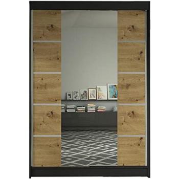 Armario Corredero Atlanta 151, Negro y Roble Artisan, 200x120x58cm, con Espejo y 5 Estantes