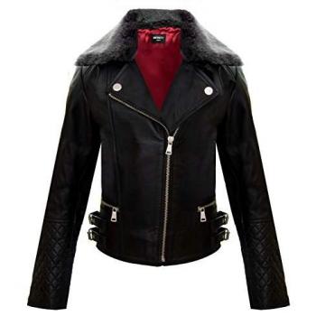 Infinity Junior Unisex Leather Biker Jacket with Detachable Collar for Kids (Ages 3-13) - Black - Size 3-4Y