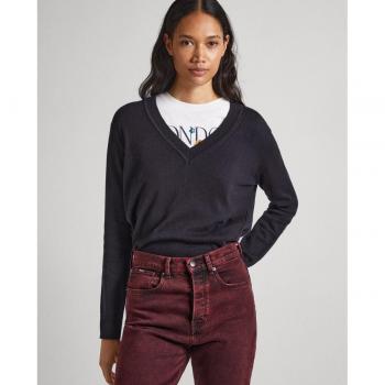 Jersey de mujer Pepe Jeans Donna V en color negro con cuello pico y detalles calados